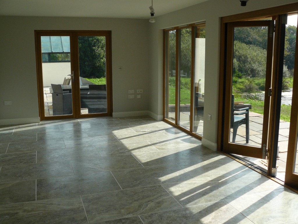Silver travertine floor in the living and dining area